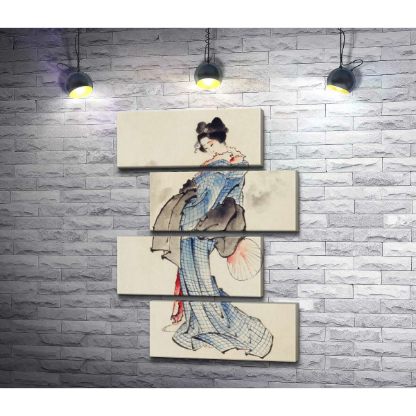 Японская гейша в голубом кимоно