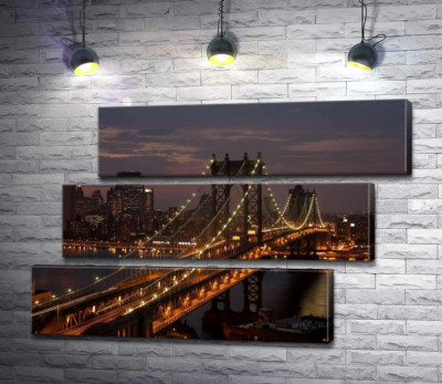 Модульна картина "Вогні Бруклінського мосту (The Brooklyn Bridge) освічують нічну дорогу"