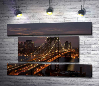 Модульна картина "Вогні Бруклінського мосту (The Brooklyn Bridge) освічують нічну дорогу"