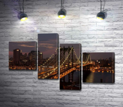 Модульна картина "Вогні Бруклінського мосту (The Brooklyn Bridge) освічують нічну дорогу"