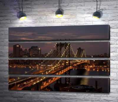 Модульная картина "Огни Бруклинского моста (The Brooklyn Bridge) освещают ночную дорогу"