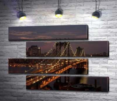 Модульная картина "Огни Бруклинского моста (The Brooklyn Bridge) освещают ночную дорогу"