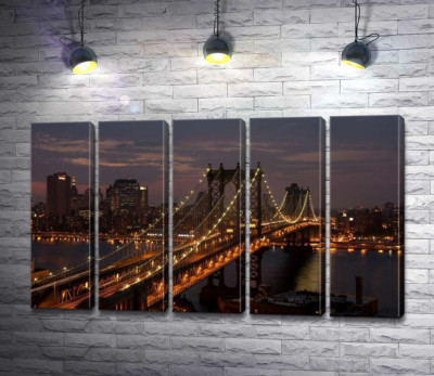 Модульна картина "Вогні Бруклінського мосту (The Brooklyn Bridge) освічують нічну дорогу"