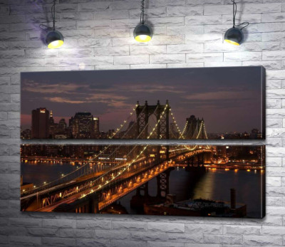 Модульная картина "Огни Бруклинского моста (The Brooklyn Bridge) освещают ночную дорогу"
