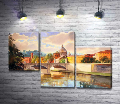 Белоснежный мост святого Ангела (St. Angelo Bridge) над речкой Тибр