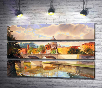 Белоснежный мост святого Ангела (St. Angelo Bridge) над речкой Тибр