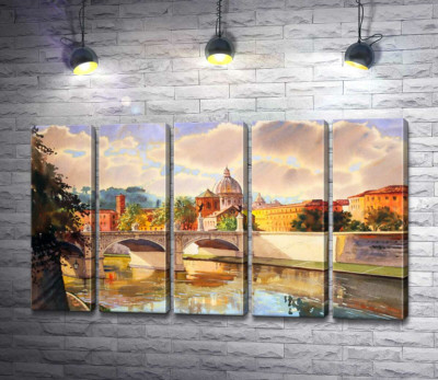 Белоснежный мост святого Ангела (St. Angelo Bridge) над речкой Тибр
