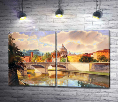 Модульная картина "Белоснежный мост святого Ангела (St. Angelo Bridge) над речкой Тибр"