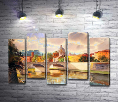 Модульная картина "Белоснежный мост святого Ангела (St. Angelo Bridge) над речкой Тибр"