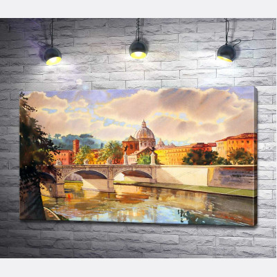 Белоснежный мост святого Ангела (St. Angelo Bridge) над речкой Тибр