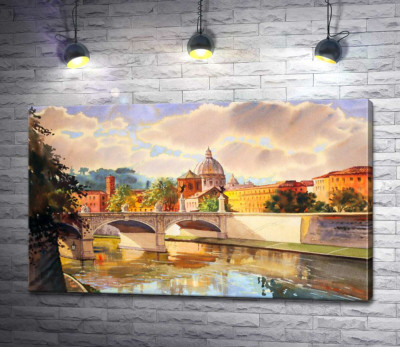 Белоснежный мост святого Ангела (St. Angelo Bridge) над речкой Тибр