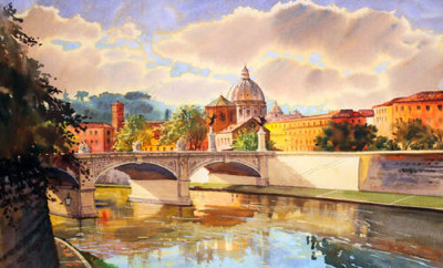 Белоснежный мост святого Ангела (St. Angelo Bridge) над речкой Тибр