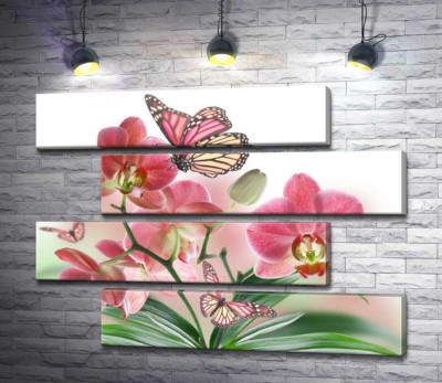 Модульна картина "Метелики серед орхідей: рожева магія природи"