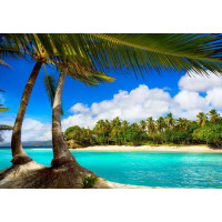 Тропический рай под пальмовыми листьями с кристально-бирюзовым океаном