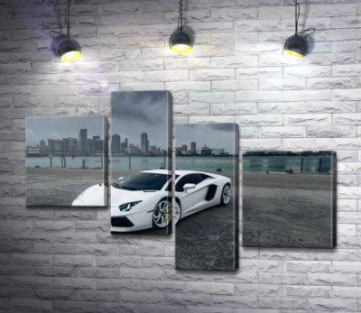 Модульная картина "Белоснежный автомобиль Ламборгини (Lamborghini) на фоне предгрозового мегаполиса"