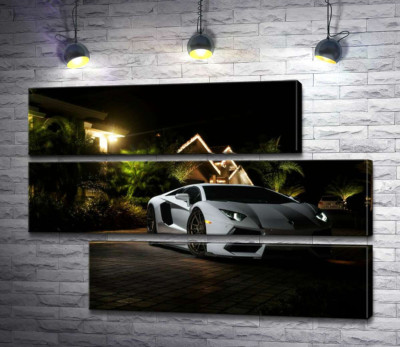 Модульная картина "Роскошь автомобиля Ламборгини (Lamborghini) среди тропической виллы"