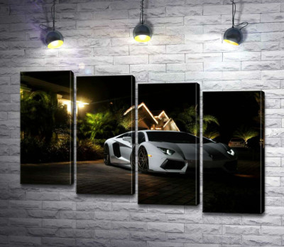 Модульная картина "Роскошь автомобиля Ламборгини (Lamborghini) среди тропической виллы"