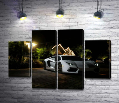 Модульная картина "Роскошь автомобиля Ламборгини (Lamborghini) среди тропической виллы"