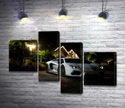 Модульная картина "Роскошь автомобиля Ламборгини (Lamborghini) среди тропической виллы"