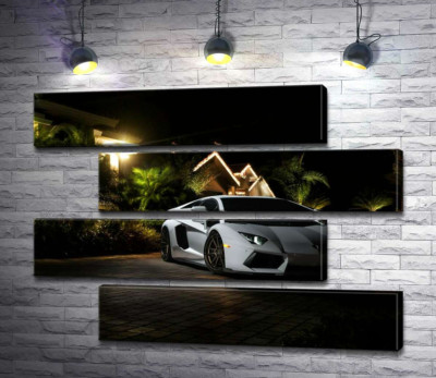 Модульная картина "Роскошь автомобиля Ламборгини (Lamborghini) среди тропической виллы"