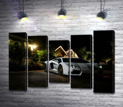 Модульная картина "Роскошь автомобиля Ламборгини (Lamborghini) среди тропической виллы"