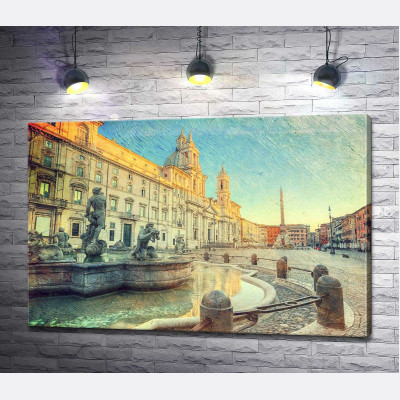 Восход солнца у фонтана Мавра на римской площади Навона (Piazza Navona)