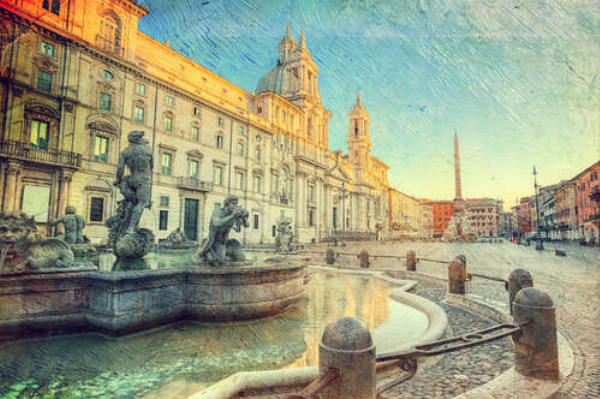 Восход солнца у фонтана Мавра на римской площади Навона (Piazza Navona)