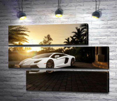 Модульная картина "Жемчужные переливы белого автомобиля Ламборгини (Lamborghini) в лучах заходящего солнца"