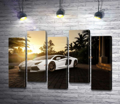 Модульна картина "Перлові переливи білого автомобіля Ламборгіні (Lamborghini) в промінні сонця, що заходить"