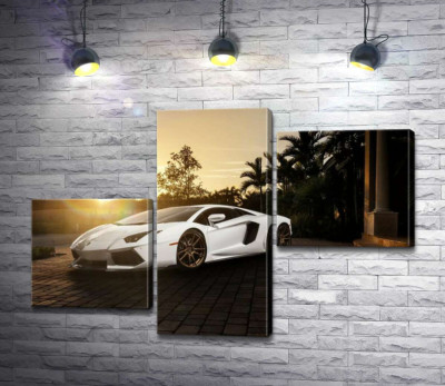 Модульна картина "Перлові переливи білого автомобіля Ламборгіні (Lamborghini) в промінні сонця, що заходить"