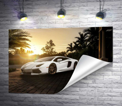 Жемчужные переливы белого автомобиля Ламборгини (Lamborghini) в лучах заходящего солнца