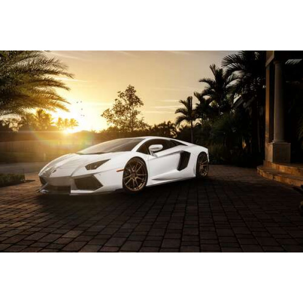 Перлові переливи білого автомобіля Ламборгіні (Lamborghini) в промінні сонця, що заходить