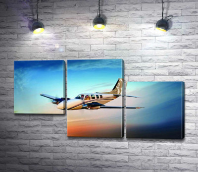 Модульная картина "Американский самолет Beechcraft Bonanza среди горящего запада"