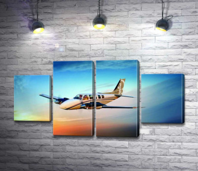 Модульна картина "Американський літак Beechcraft Bonanza серед палаючого заходу"