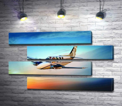 Модульна картина "Американський літак Beechcraft Bonanza серед палаючого заходу"