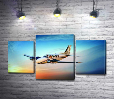 Модульная картина "Американский самолет Beechcraft Bonanza среди горящего запада"