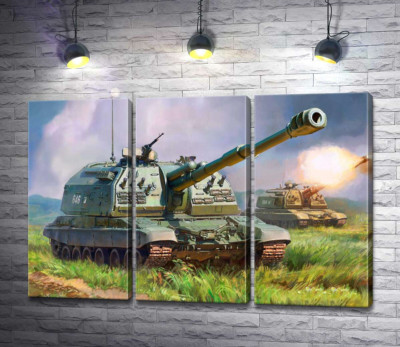 Модульная картина "Советский истребитель танков ИС-152 "Зверобой" на поле боя"