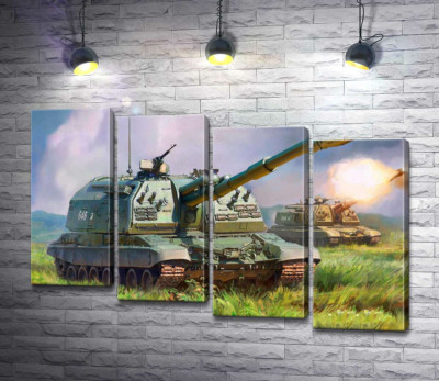 Модульная картина "Советский истребитель танков ИС-152 "Зверобой" на поле боя"