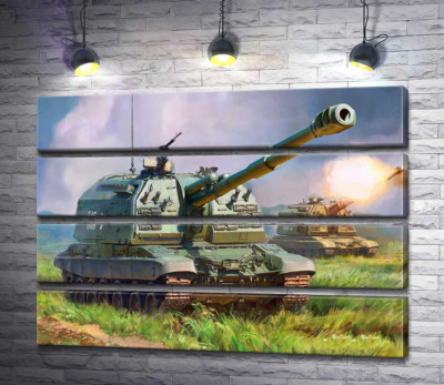 Модульная картина "Советский истребитель танков ИС-152 "Зверобой" на поле боя"