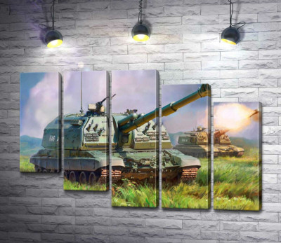 Модульная картина "Советский истребитель танков ИС-152 "Зверобой" на поле боя"