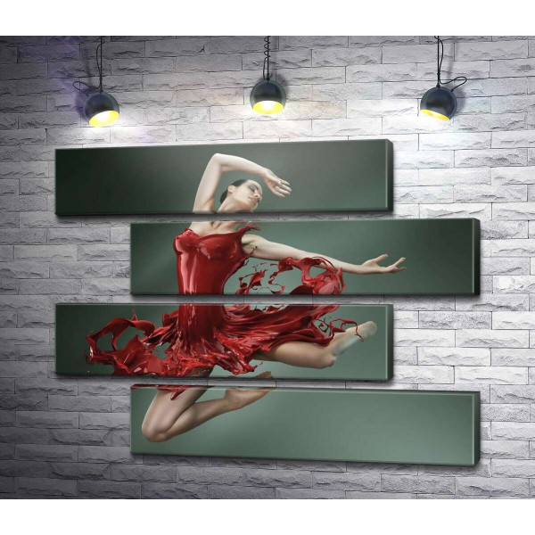 Нежная балерина грациозно летит в сочно-красном платье