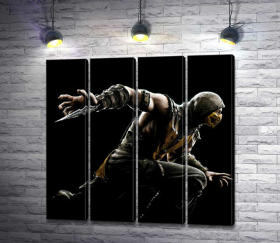 Модульная картина "Герой игры "Mortal Kombat", Скорпион, решительно бежит в битву"