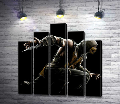 Модульная картина "Герой игры "Mortal Kombat", Скорпион, решительно бежит в битву"