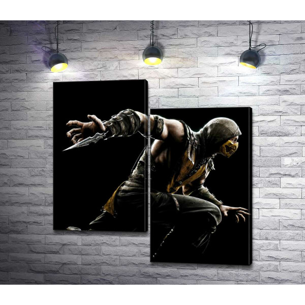 Герой игры "Mortal Kombat", Скорпион, решительно бежит в битву