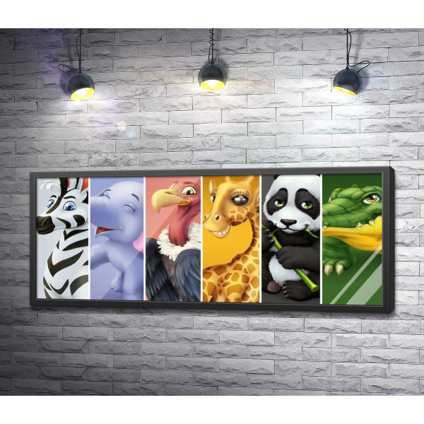 Портреты животных: зебра, слон, гриф, жираф, панда, крокодил