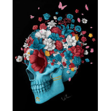 Голубой профиль черепа, украшен разноцветными цветами