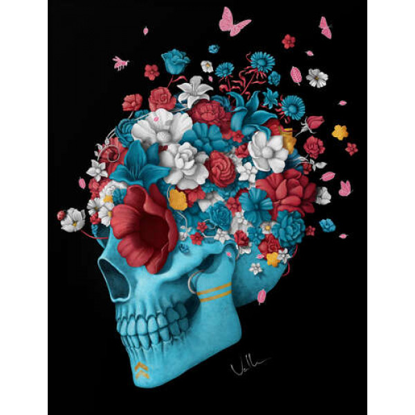 Блакитний профіль черепа, уквітчаний кольоровими квітами