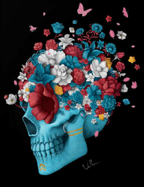 Блакитний профіль черепа, уквітчаний кольоровими квітами