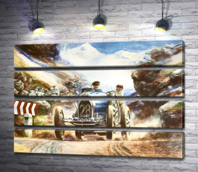 Модульна картина "Гоночний автомобіль Bugatti Type 35 на трасі серед засніжених Альп"