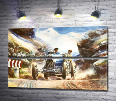 Модульна картина "Гоночний автомобіль Bugatti Type 35 на трасі серед засніжених Альп"